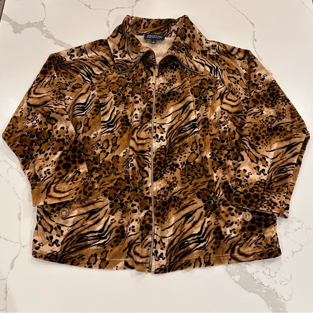 Jones New York Velour Animal Print Zip Jacket Womens 3X Cheetah Leopard Mob Wife